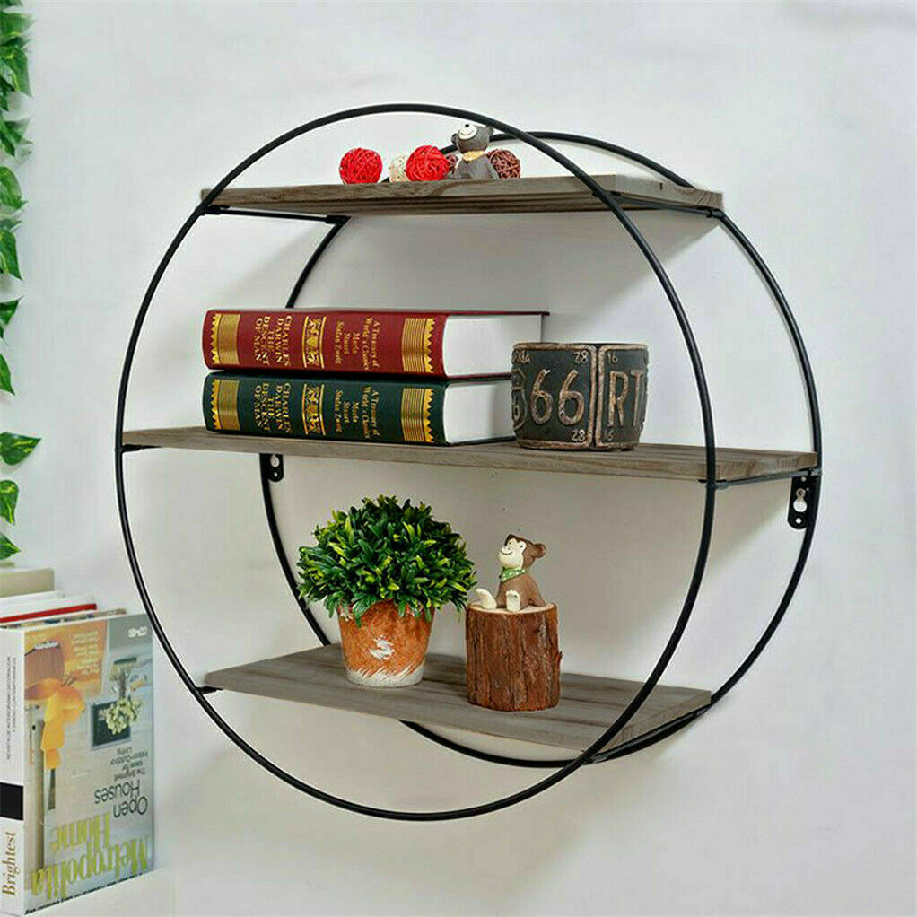 3 Tier Floating Wall Mounted Rustic Wood Metal Shelves