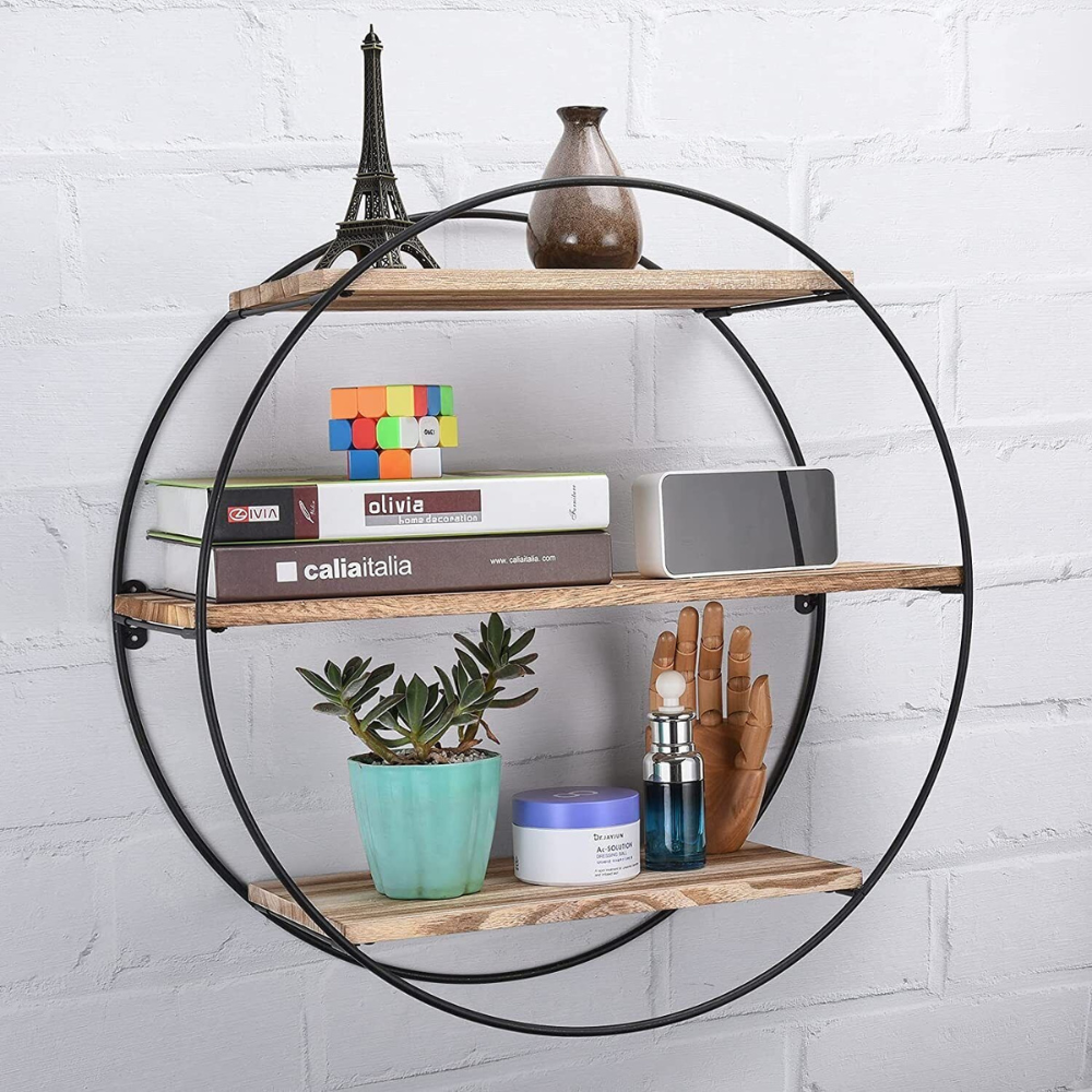 3 Tier Floating Wall Mounted Rustic Wood Metal Shelves