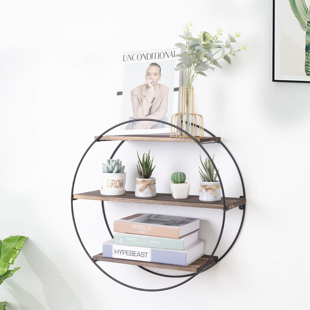 3 Tier Floating Wall Mounted Rustic Wood Metal Shelves