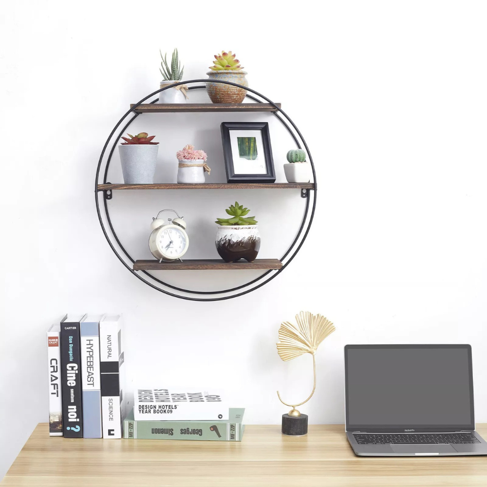3 Tier Floating Wall Mounted Rustic Wood Metal Shelves