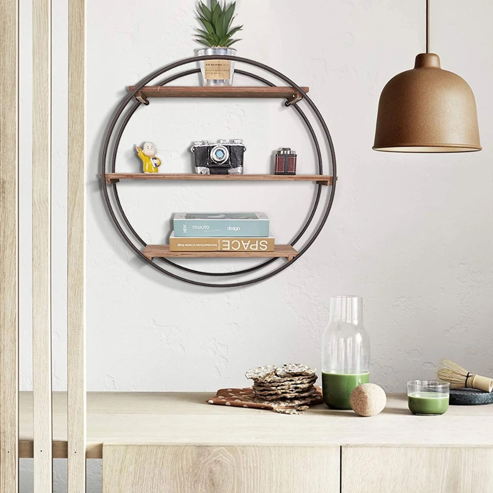 3 Tier Floating Wall Mounted Rustic Wood Metal Shelves