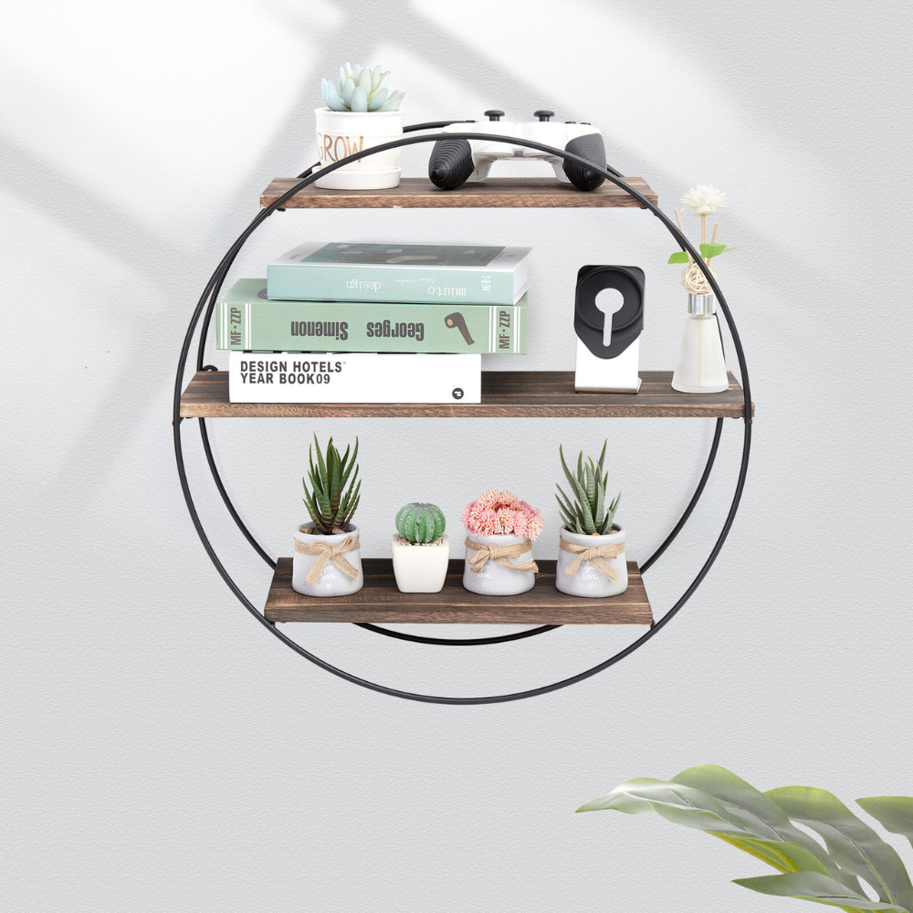 3 Tier Floating Wall Mounted Rustic Wood Metal Shelves