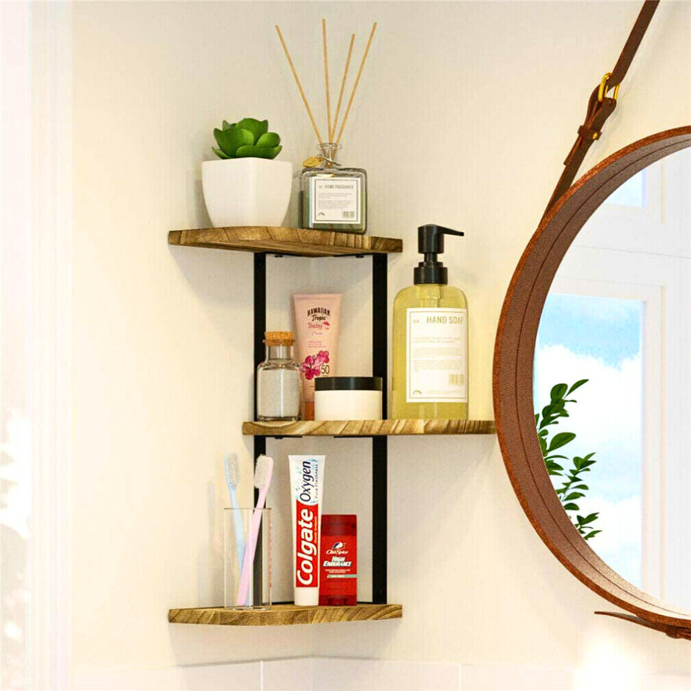 Rustic Wood Shelf Wall Mount Corner Rack