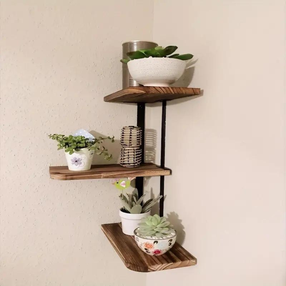 Rustic Wood Shelf Wall Mount Corner Rack