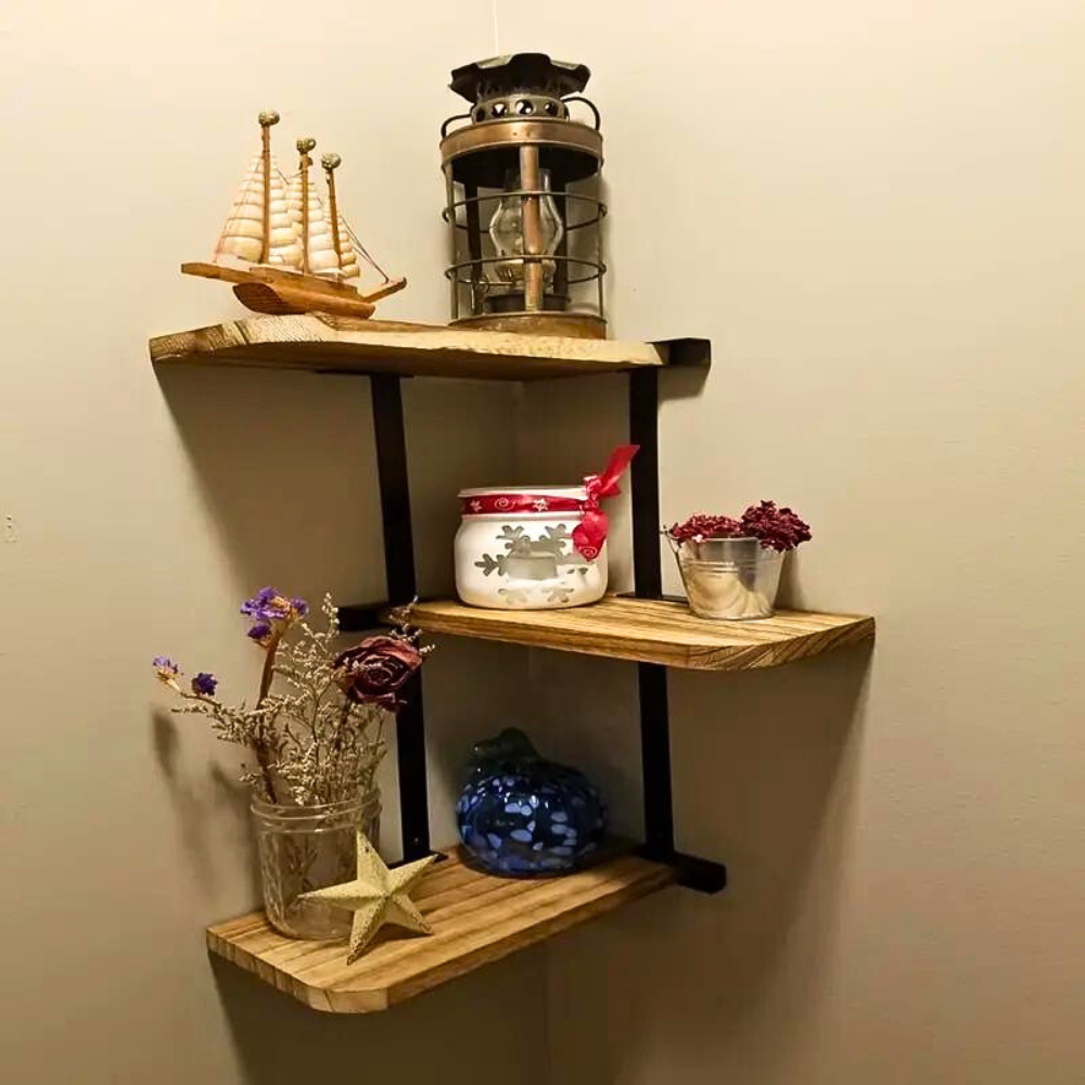 Rustic Wood Shelf Wall Mount Corner Rack