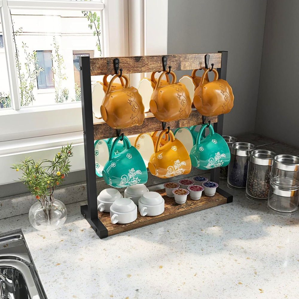 2 Tier Wood Coffee Mug Holder Stand