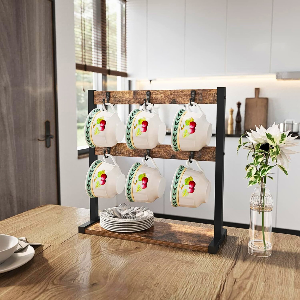 2 Tier Wood Coffee Mug Holder Stand