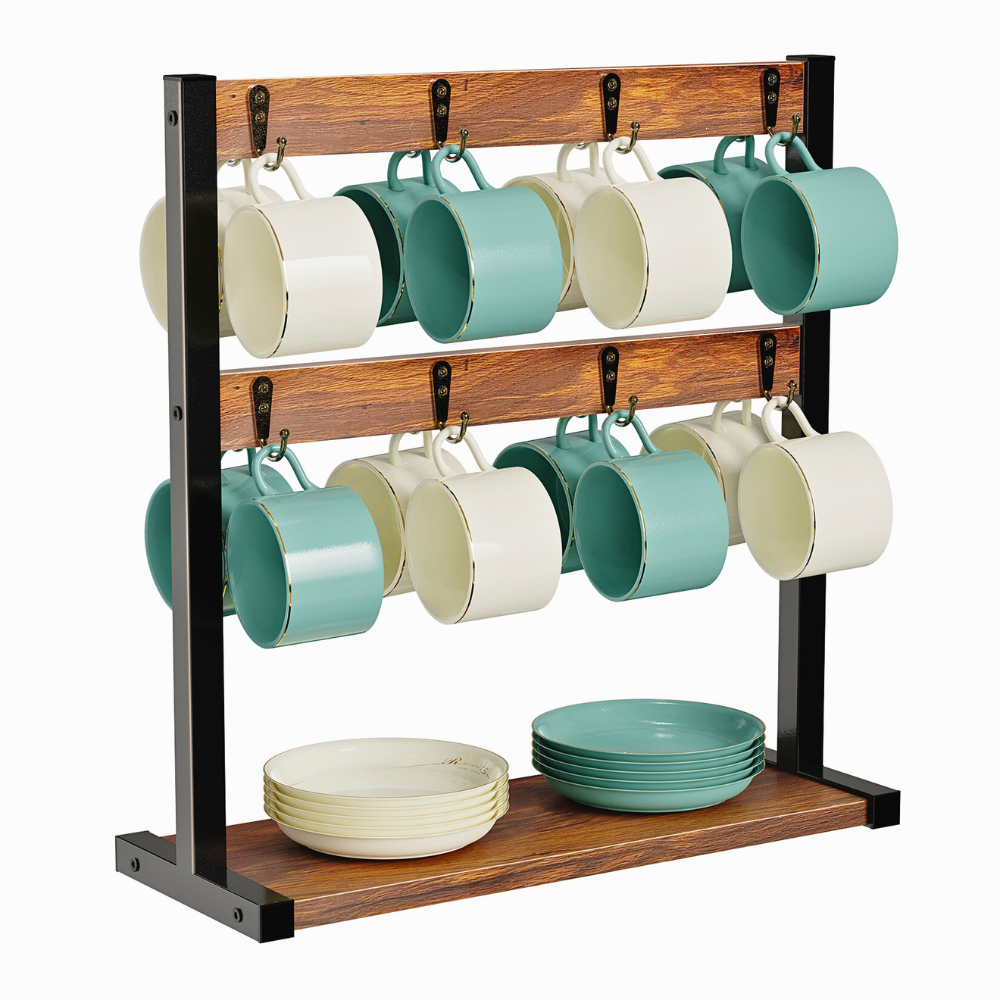 2 Tier Wood Coffee Mug Holder Stand