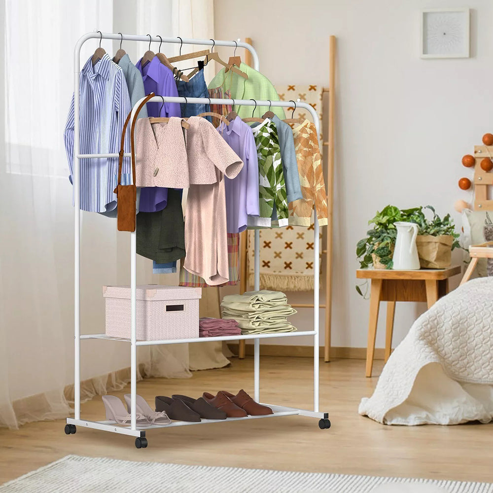 1.5M Clothes Rack Double Rail Rolling Stand Shoes Storage Shelf