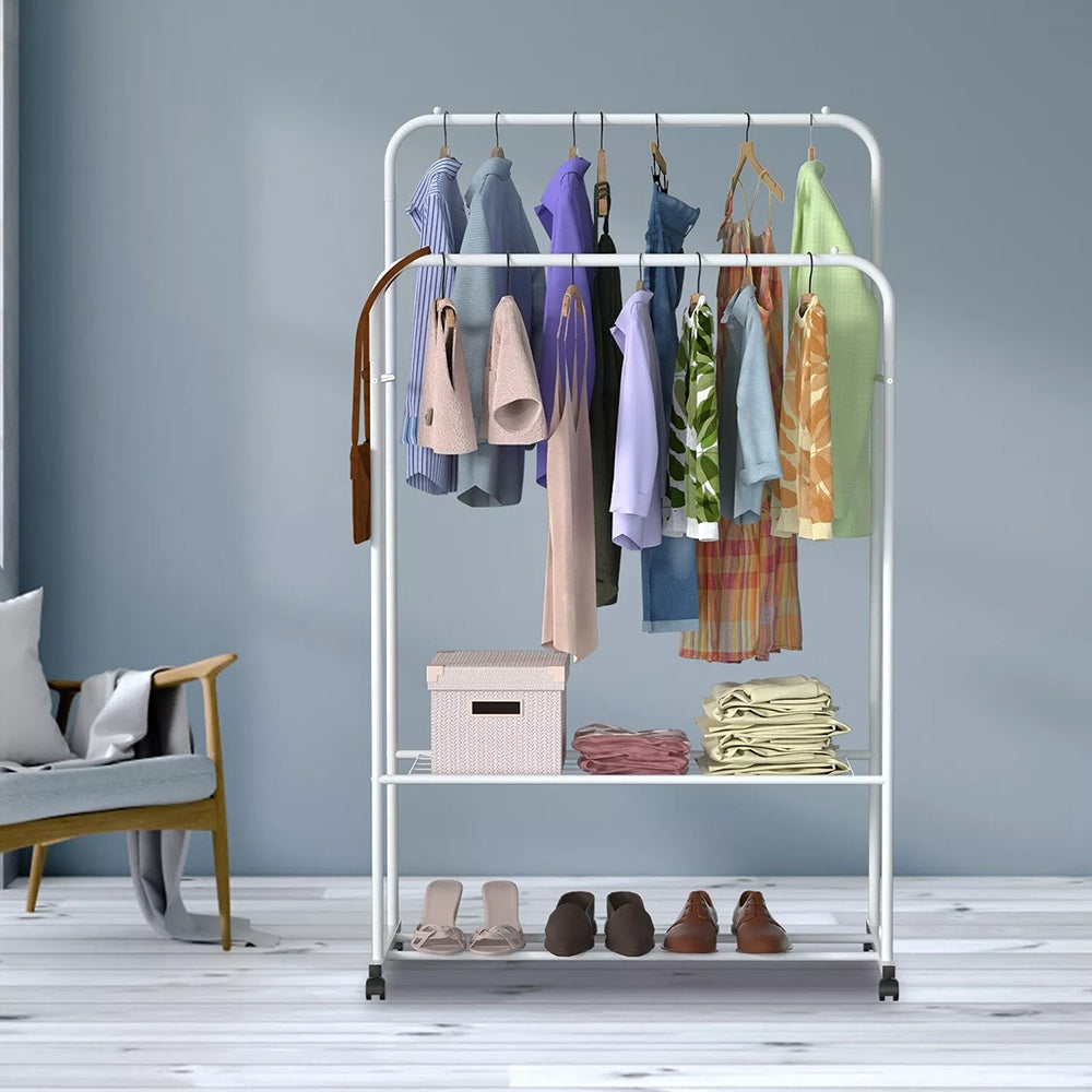 1.5M Clothes Rack Double Rail Rolling Stand Shoes Storage Shelf