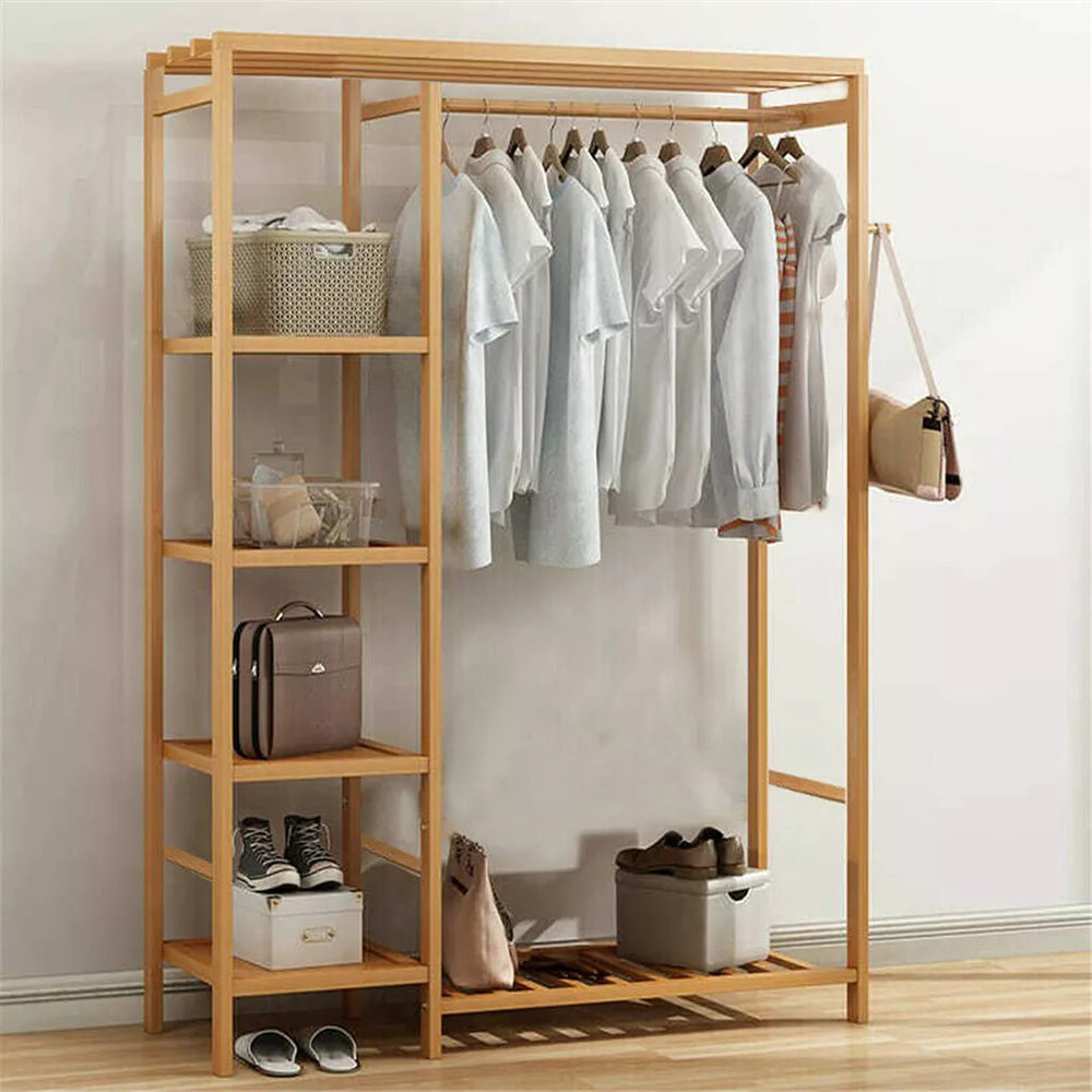 Bamboo Wood Clothing Garment Rack With Shelves