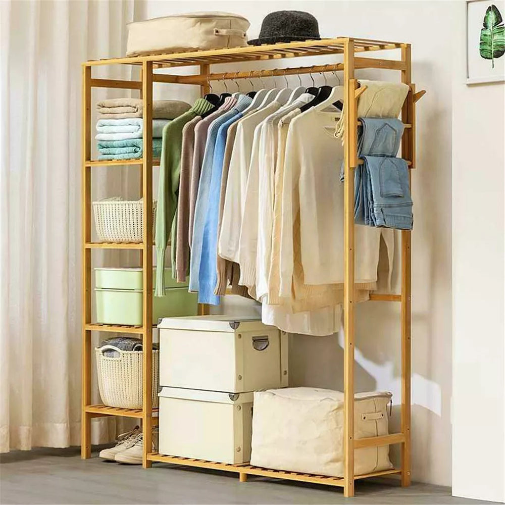 Bamboo Wood Clothing Garment Rack With Shelves