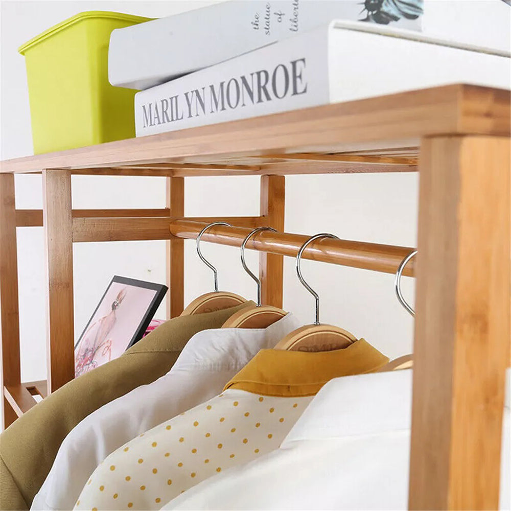 Bamboo Wood Clothing Garment Rack With Shelves