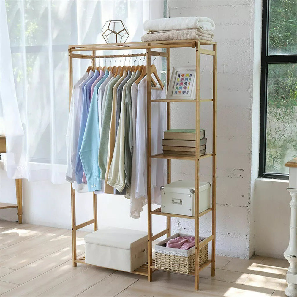 Bamboo Wood Clothing Garment Rack With Shelves
