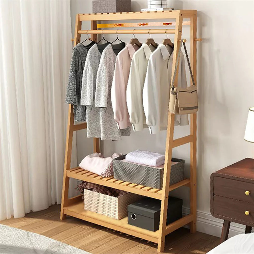 Bamboo Garment Coat Clothes Rack With Top Shelf And 2 Tier Shoe Organizer Shelves