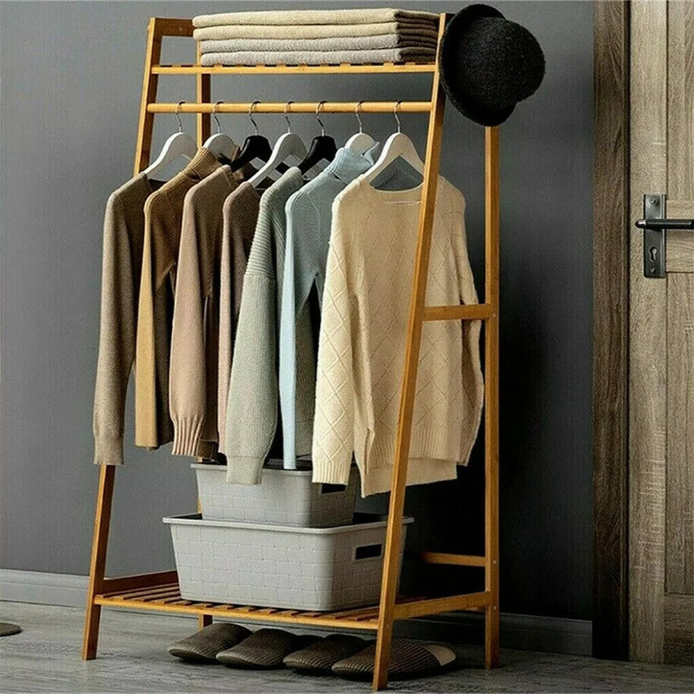 Bamboo Garment Coat Clothes Rack With Top Shelf And 2 Tier Shoe Organizer Shelves