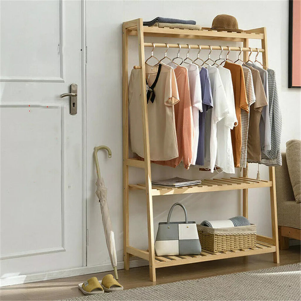 Bamboo Garment Coat Clothes Rack With Top Shelf And 2 Tier Shoe Organizer Shelves
