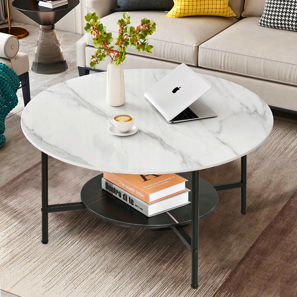 2 Tier Round Sofa Side End Table Marble Coffee