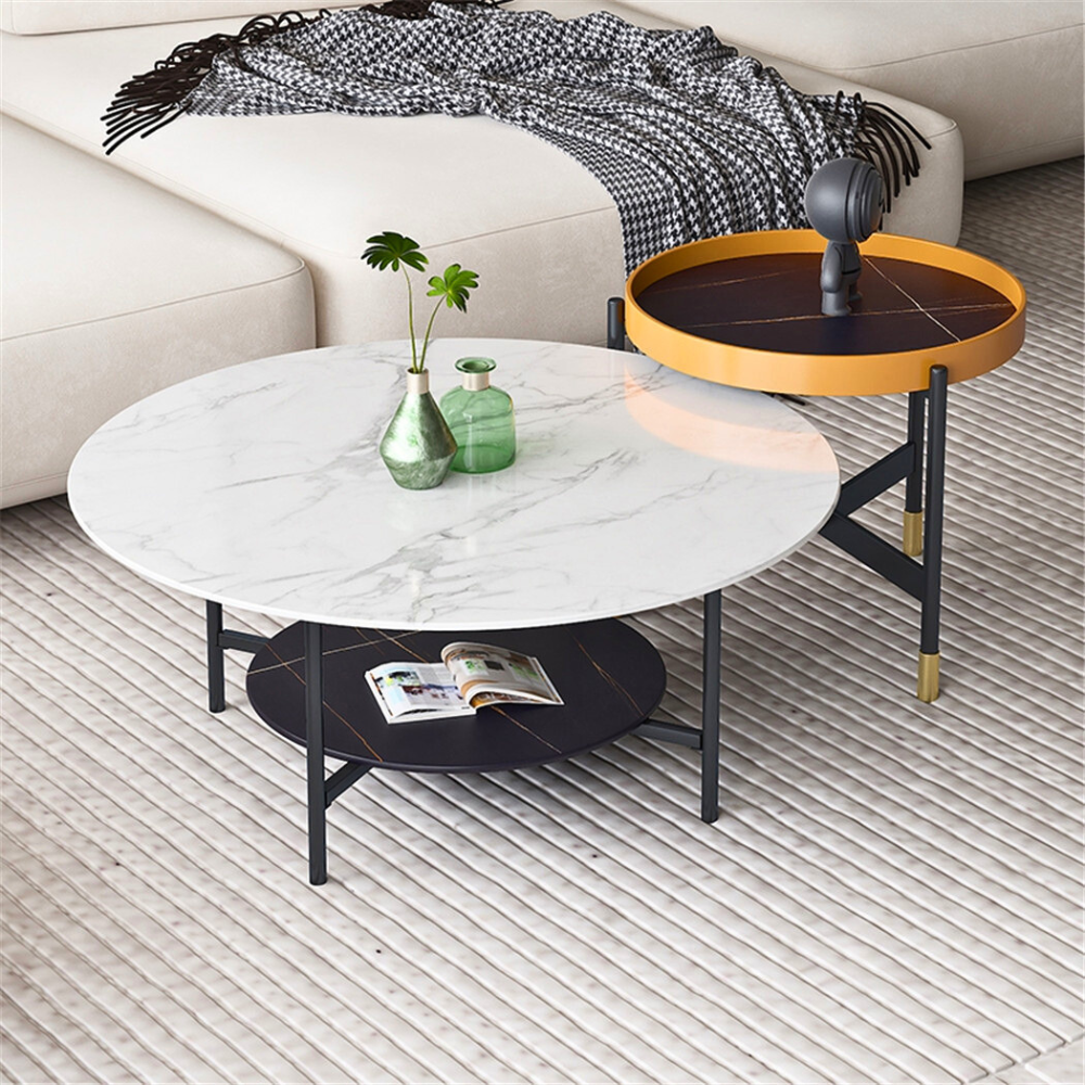 2 Tier Round Sofa Side End Table Marble Coffee