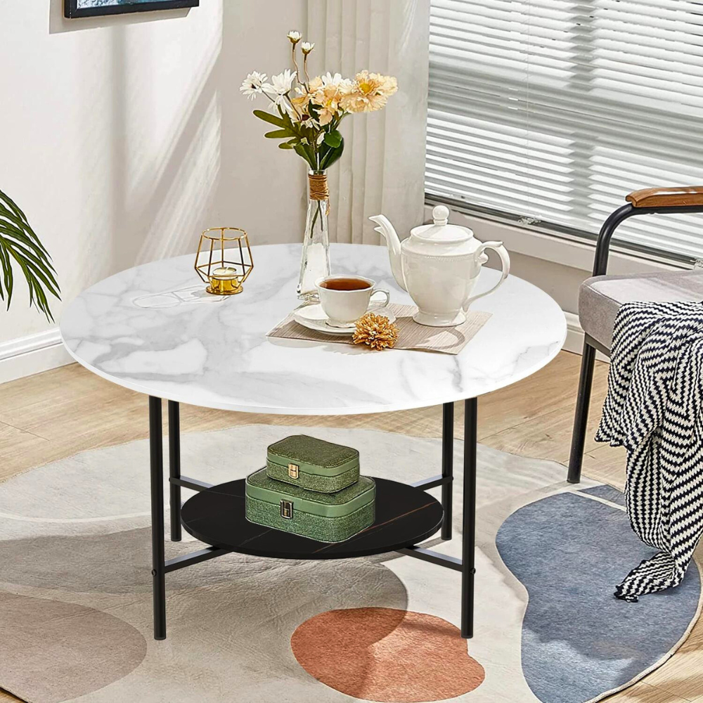 2 Tier Round Sofa Side End Table Marble Coffee