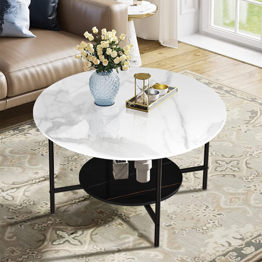 2 Tier Round Sofa Side End Table Marble Coffee