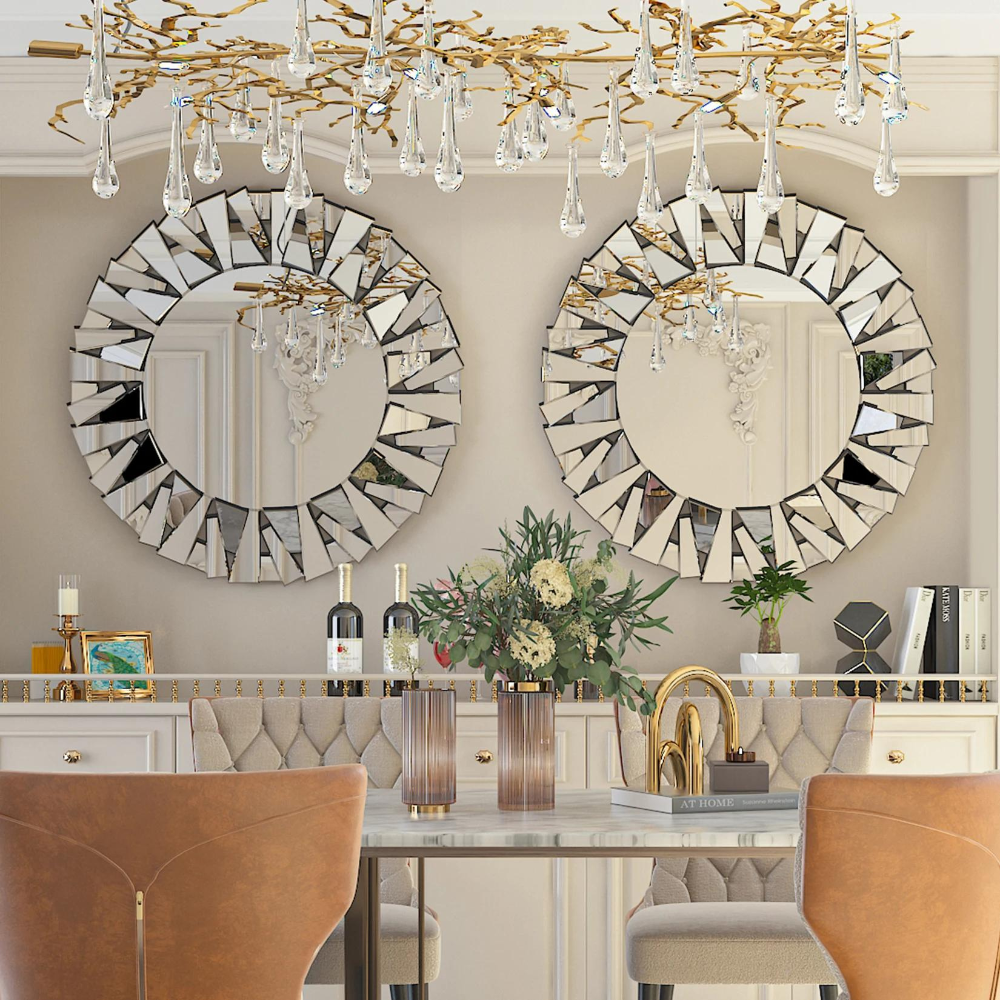 Unique Sunburst Decorative Wall Mounted Beveled Glass Accent Mirror Round 80Cm Silver