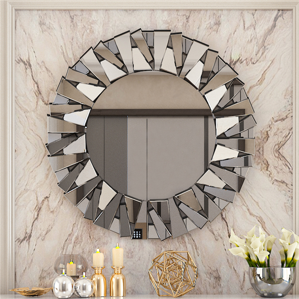 Unique Sunburst Decorative Wall Mounted Beveled Glass Accent Mirror Round 80Cm Silver
