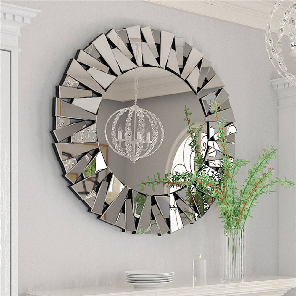 Unique Sunburst Decorative Wall Mounted Beveled Glass Accent Mirror Round 80Cm Silver