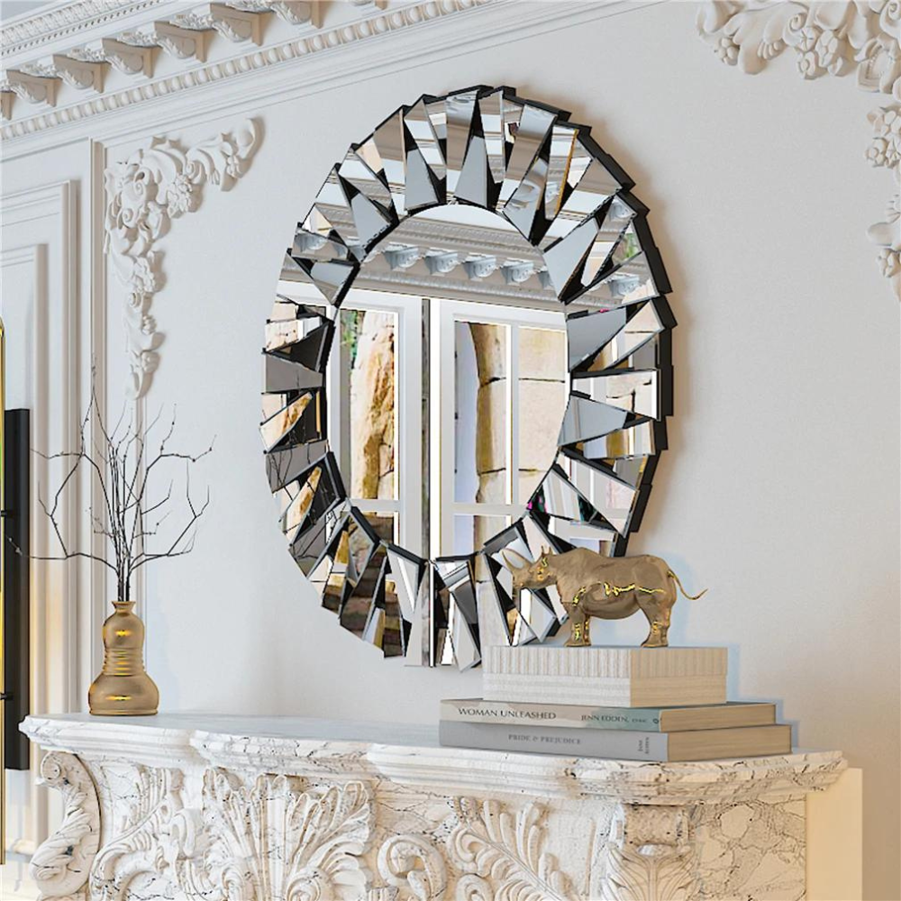 Unique Sunburst Decorative Wall Mounted Beveled Glass Accent Mirror Round 80Cm Silver