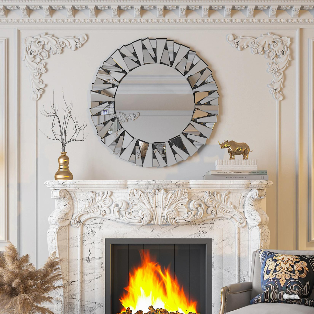 Unique Sunburst Decorative Wall Mounted Beveled Glass Accent Mirror Round 80Cm Silver