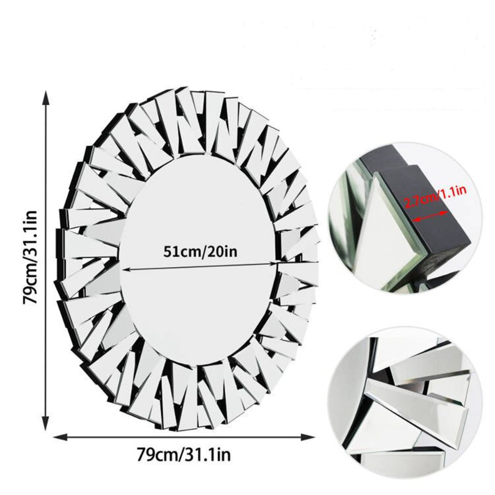 Unique Sunburst Decorative Wall Mounted Beveled Glass Accent Mirror Round 80Cm Silver