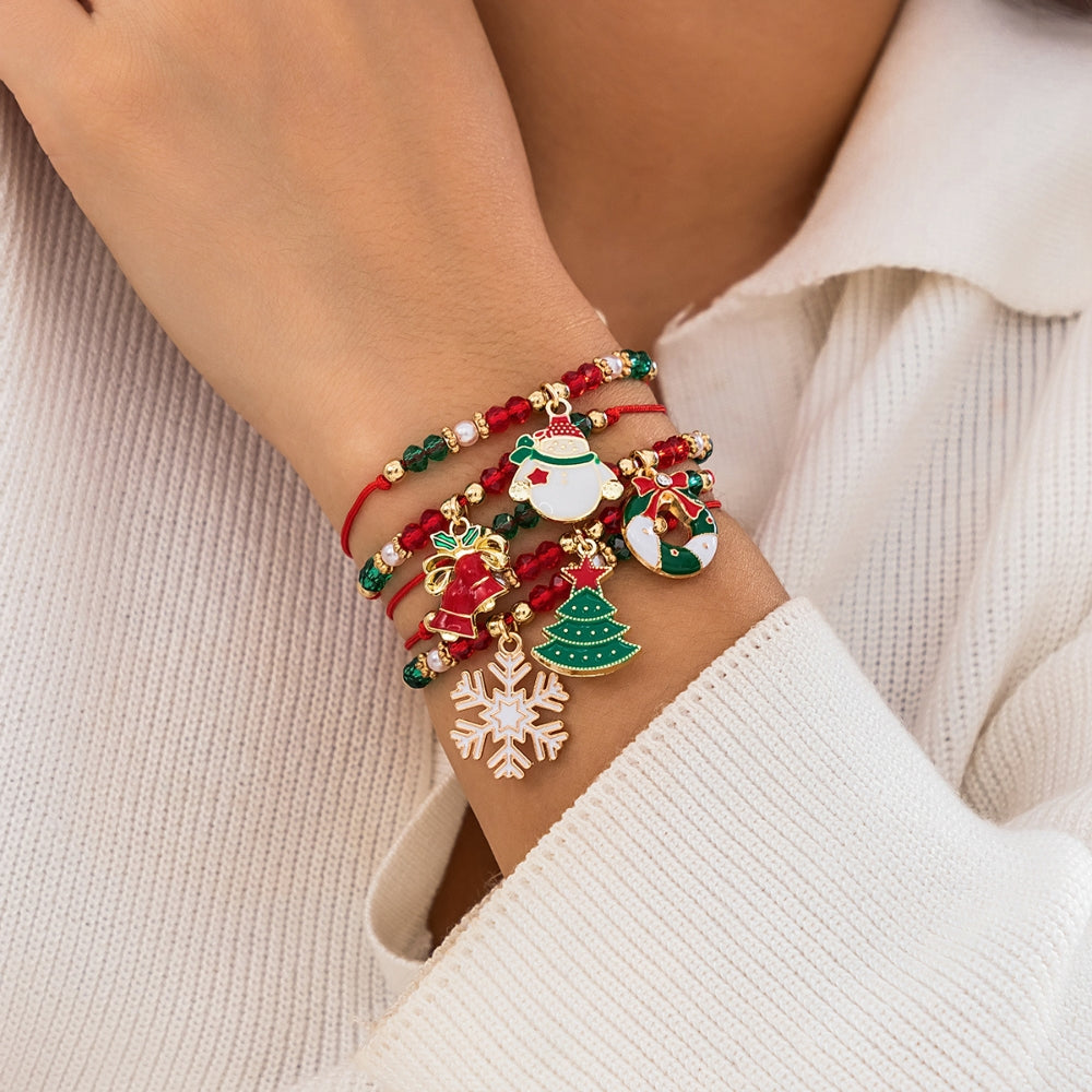Veile Studios 5Pcs Cute Christmas Series Snowflake Tree Pendant Crystal Bracelet Women