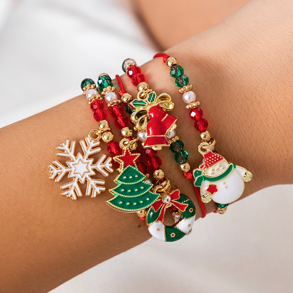 Veile Studios 5Pcs Cute Christmas Series Snowflake Tree Pendant Crystal Bracelet Women
