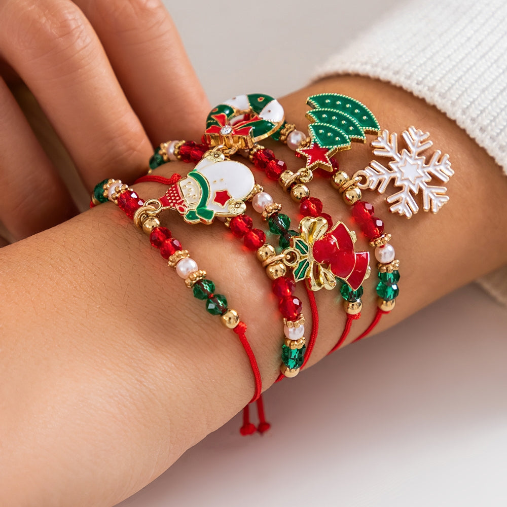 Veile Studios 5Pcs Cute Christmas Series Snowflake Tree Pendant Crystal Bracelet Women
