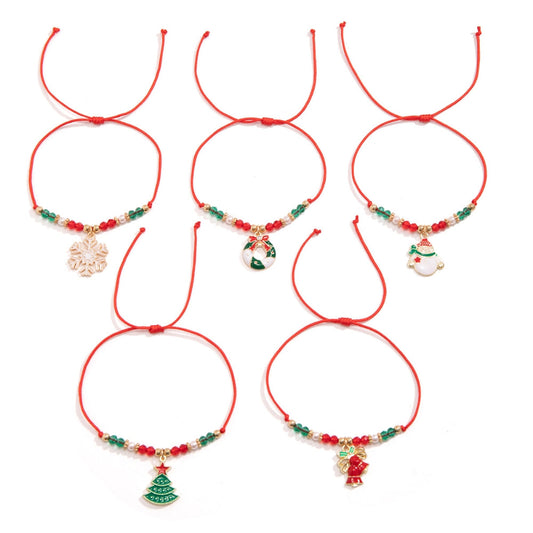 Veile Studios 5Pcs Cute Christmas Series Snowflake Tree Pendant Crystal Bracelet Women