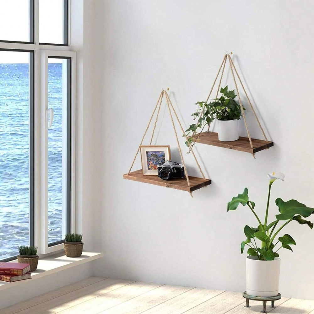 Swing Hanging Hemp Rope Wall Shelve Mounted Floating Plant Flower Pot