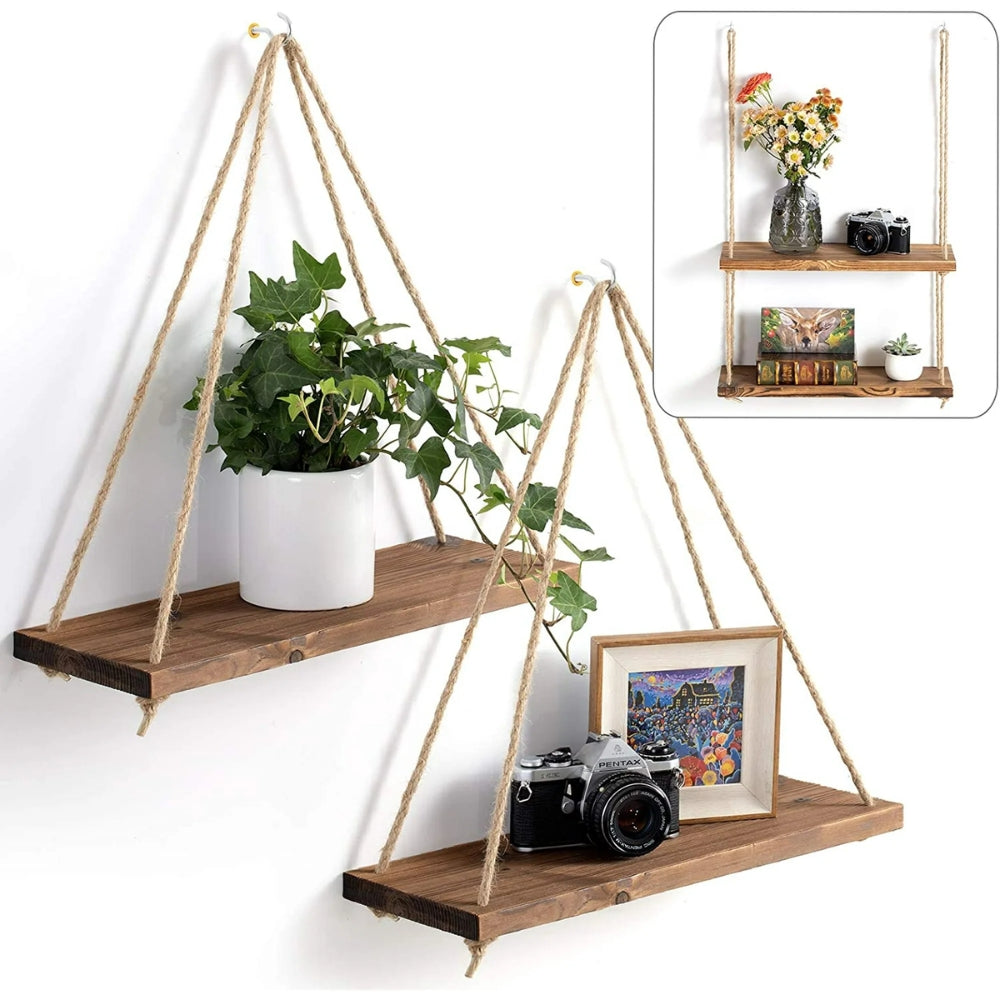 Swing Hanging Hemp Rope Wall Shelve Mounted Floating Plant Flower Pot