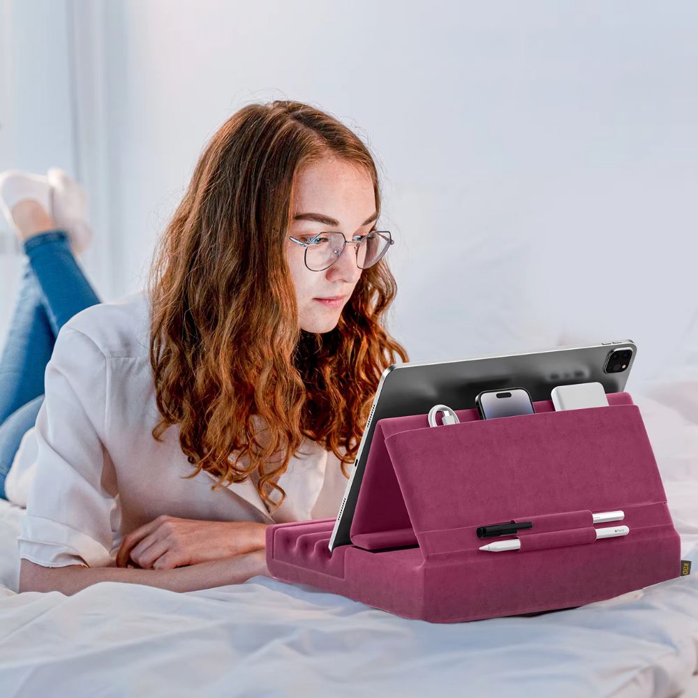 Tablet Pillow Stand Foldable Holder For Ipad Pro With Soft Pad Pocket And Stylus Mount