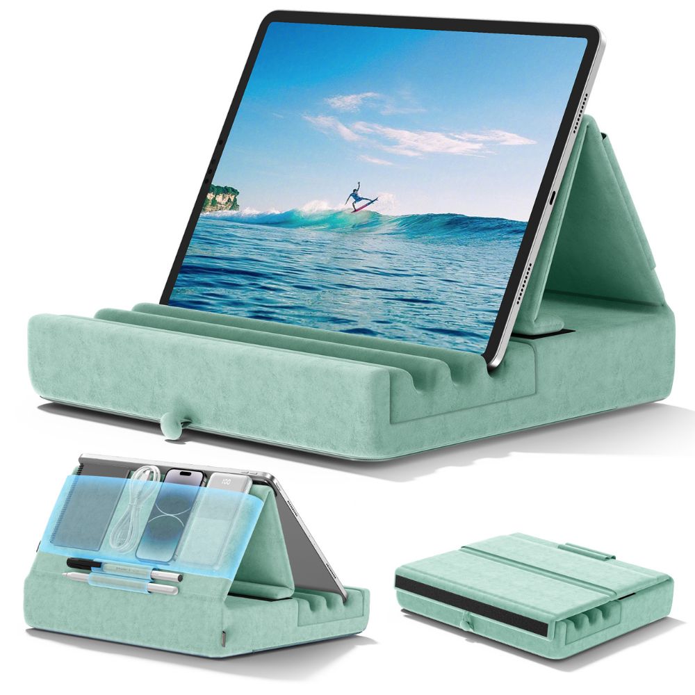 Tablet Pillow Stand Foldable Holder For Ipad Pro With Soft Pad Pocket And Stylus Mount