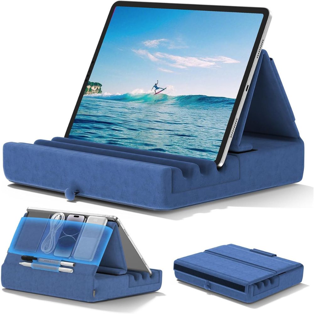 Tablet Pillow Stand Foldable Holder For Ipad Pro With Soft Pad Pocket And Stylus Mount