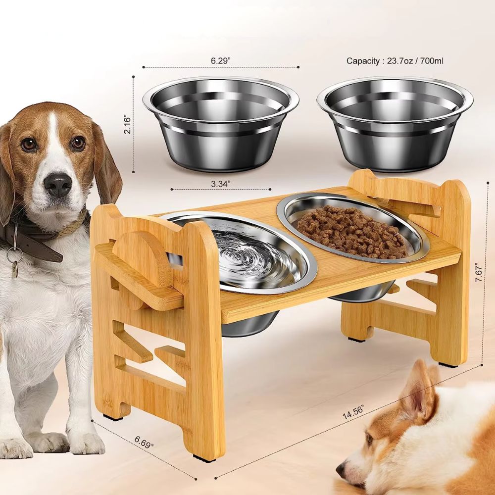 Bamboo Elevated Dog Bowls With Stainless Steel Food