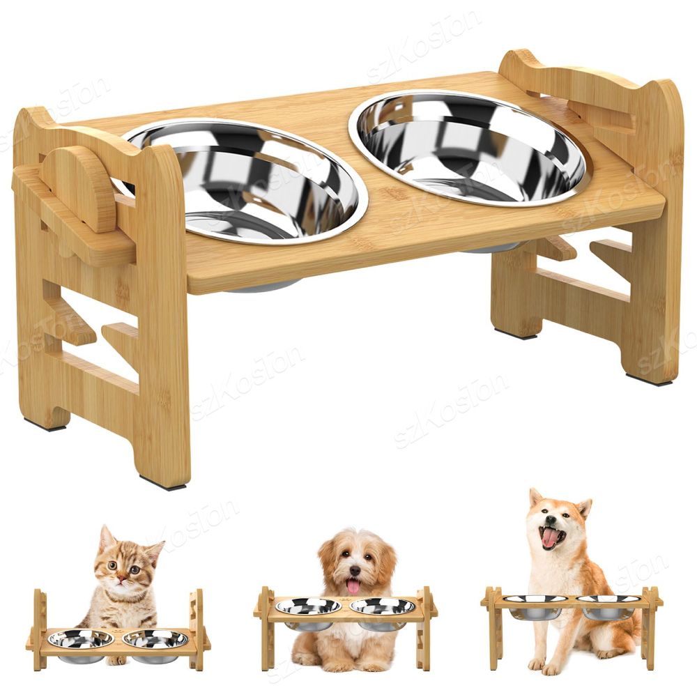 Bamboo Elevated Dog Bowls With Stainless Steel Food
