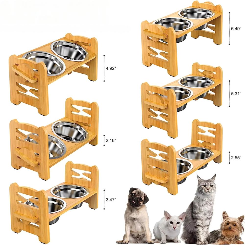 Bamboo Elevated Dog Bowls With Stainless Steel Food