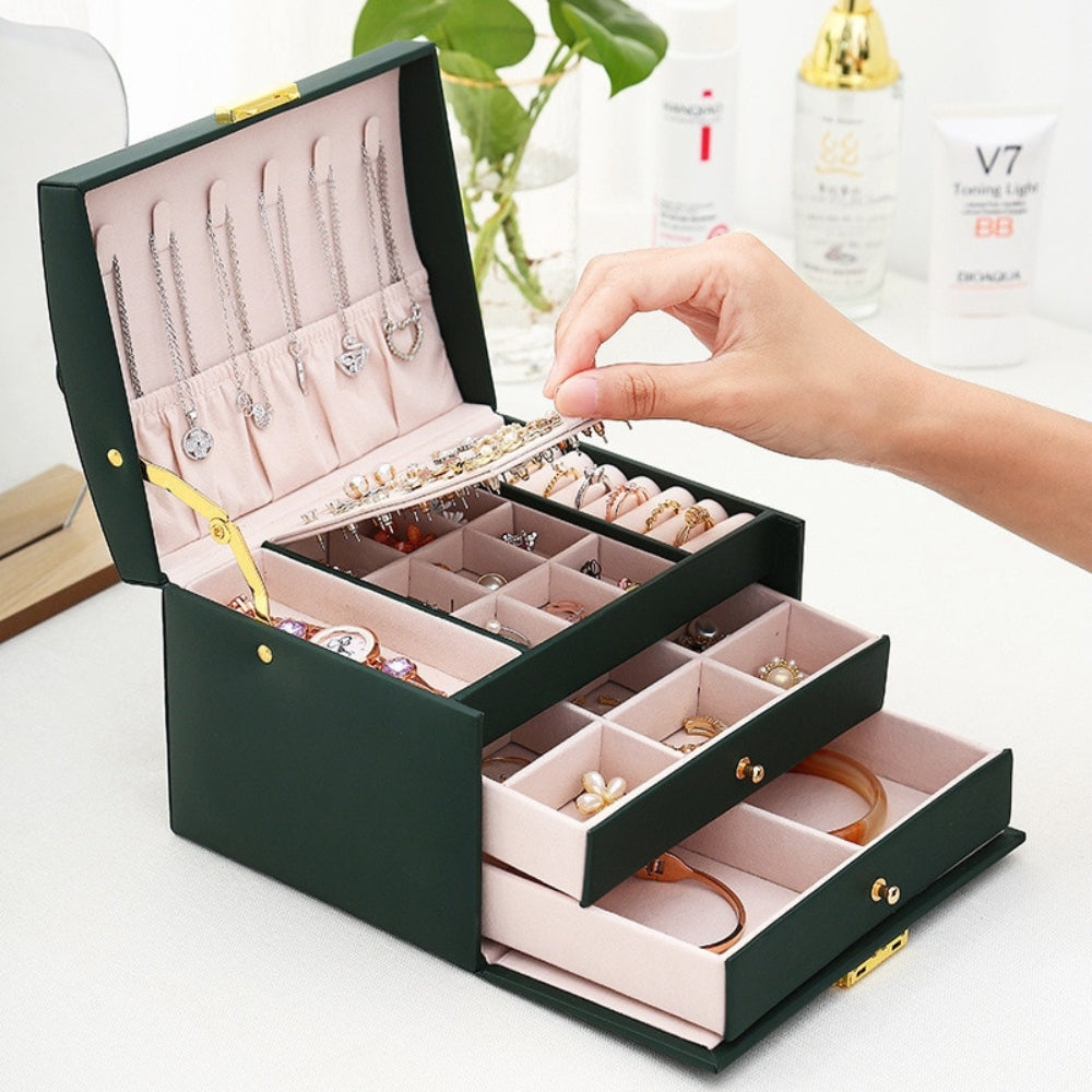 Veile Studios Multi Functional Three Layer Leather Drawer Style Jewelry Box Earrings Lock