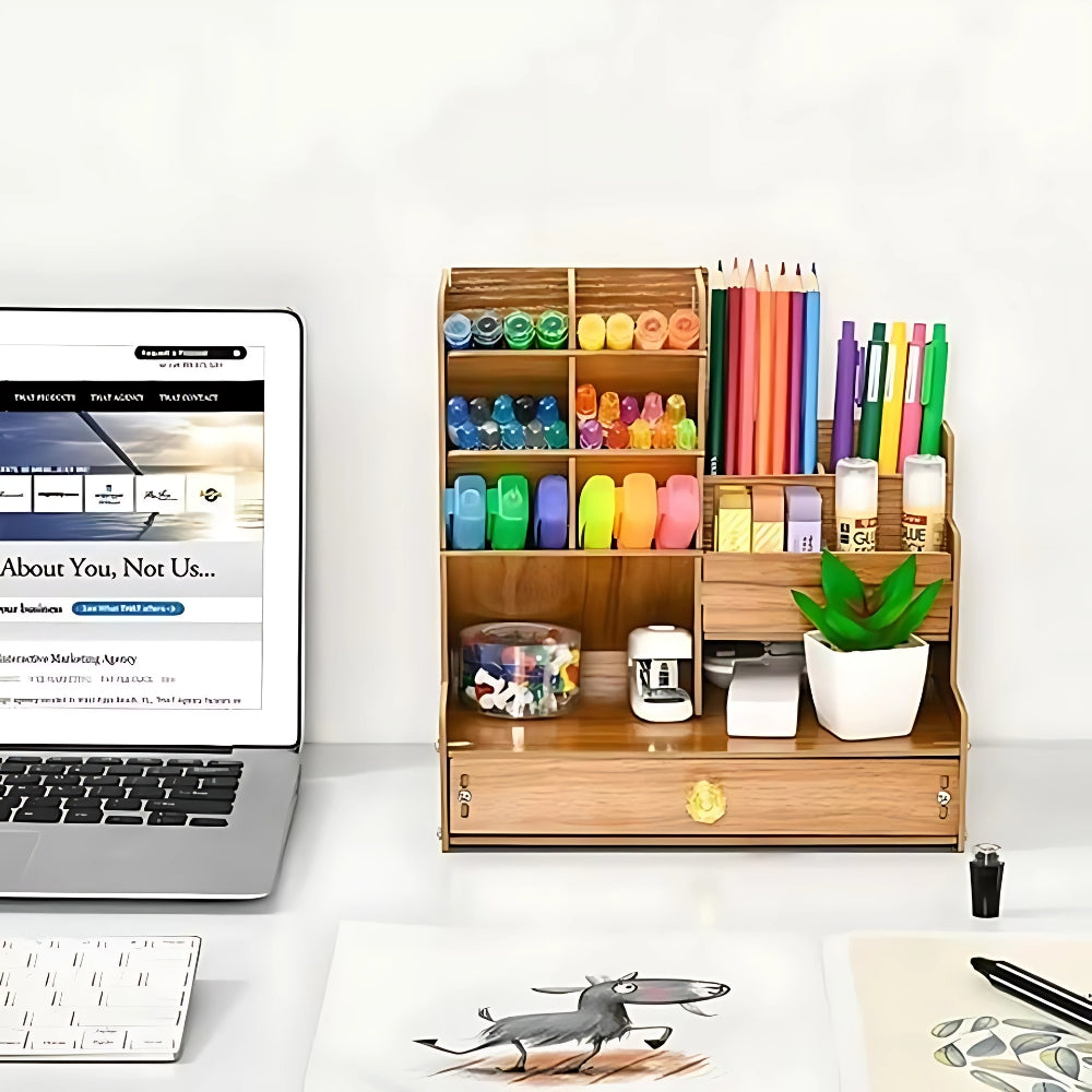 Desk Organiser Diy Desktop Tidy Pen Holder With Drawer