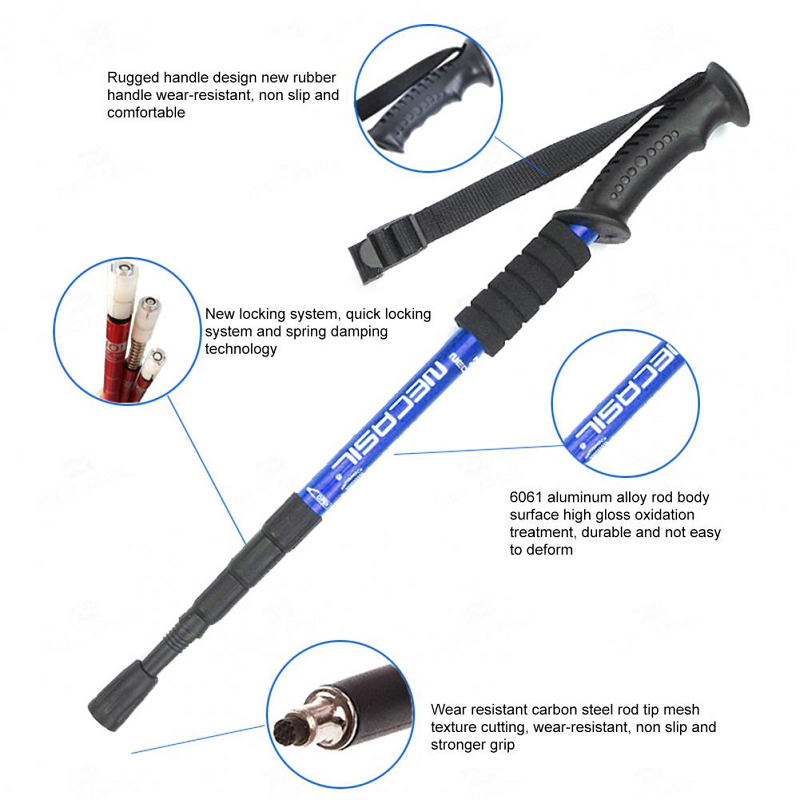 Straight Shank Trekking Pole Lock Telescopic Belt 3 Section Shock Absorber