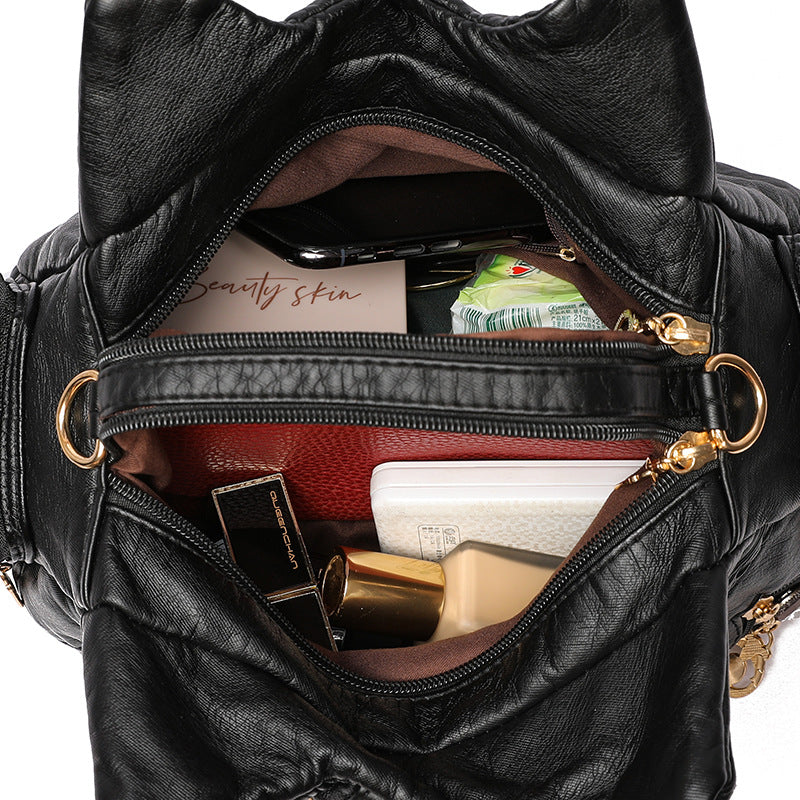 Colored Mosaic Large Capacity Multi-Layer Washed Leather Handbag