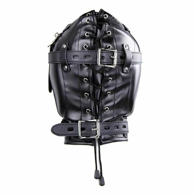 Black Full Bondage Hood Mask Plug Headwear Kink Bdsm Fetish Restraints