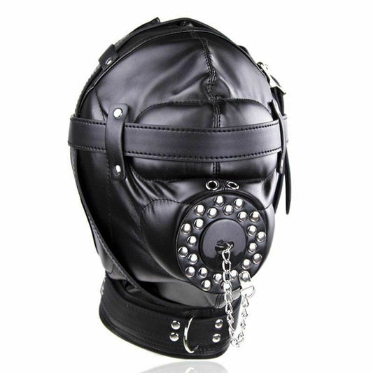Black Full Bondage Hood Mask Plug Headwear Kink Bdsm Fetish Restraints