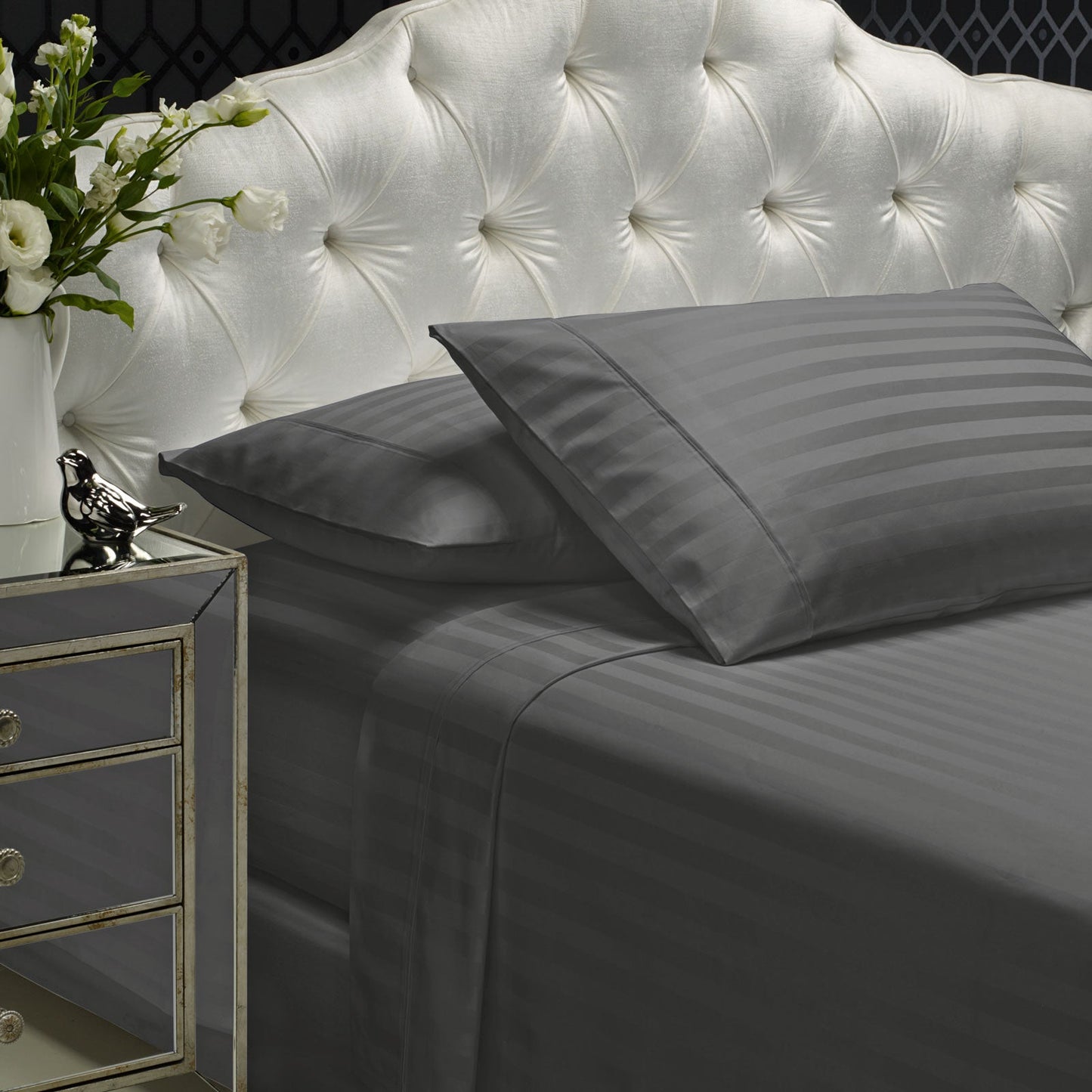 Royal Comfort 1200 Thread Count Damask Stripe Cotton Blend Sheet Sets Queen Charcoal Grey